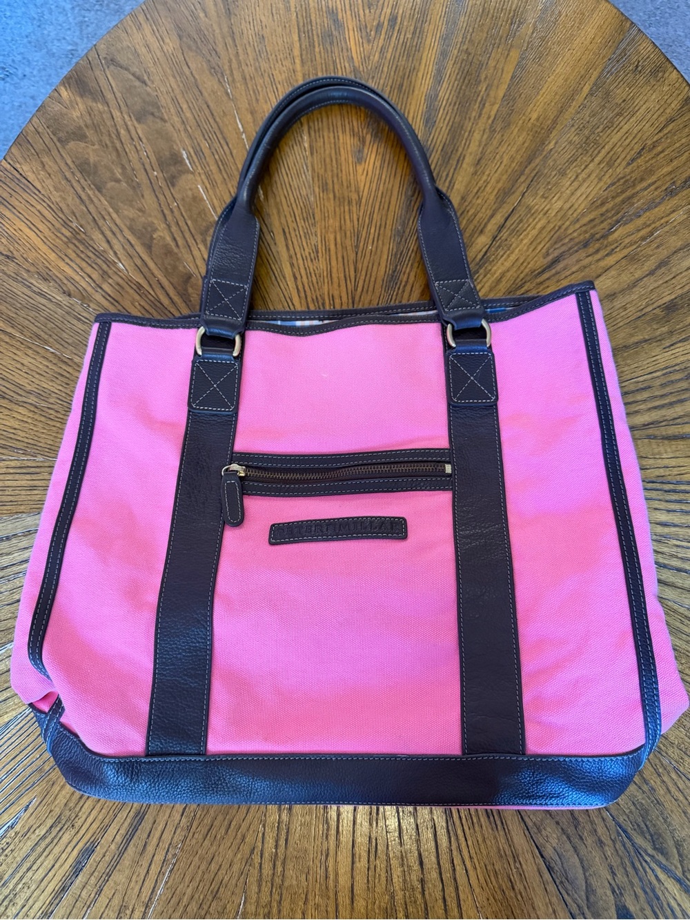 Peter Millar Hot Pink Canvas Tote with Dark Brown Trim